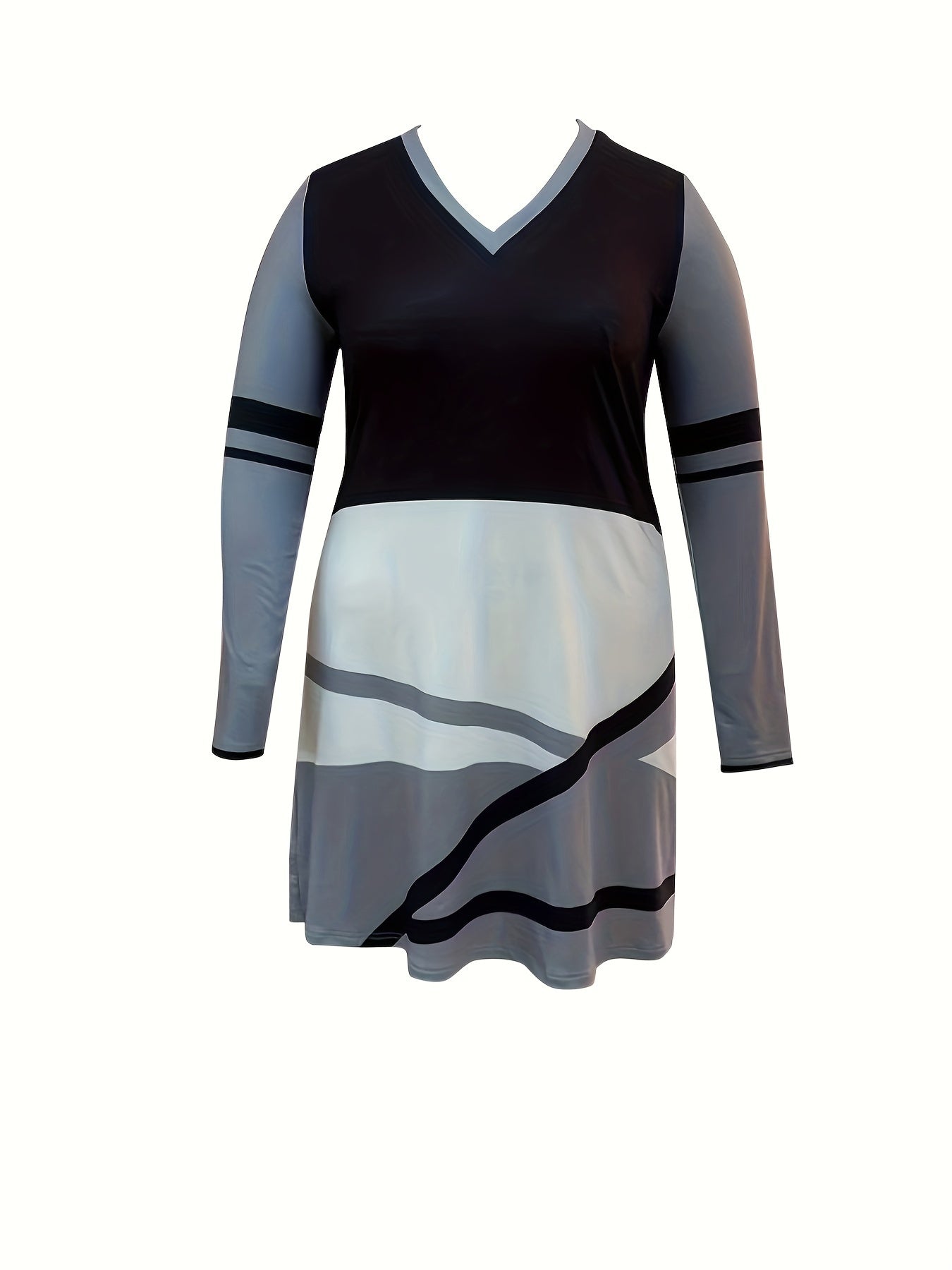 Geometric Print Long Sleeve V Neck Dress