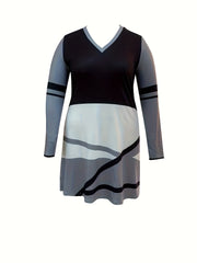 Geometric Print Long Sleeve V Neck Dress