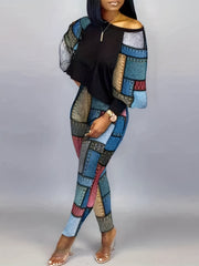 Patchwork Print 2pc Set Boat Neck Top & Skinny Pants Outfits Women's Clothing