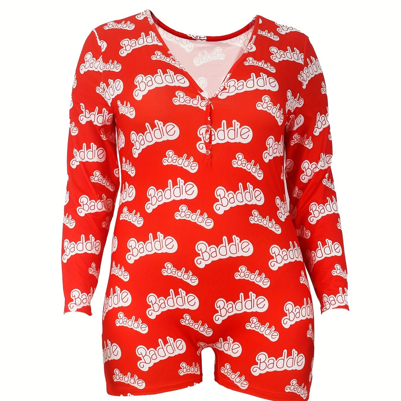 Sexy Lounge Romper Women's Plus Letter Print Long Sleeve Button Up