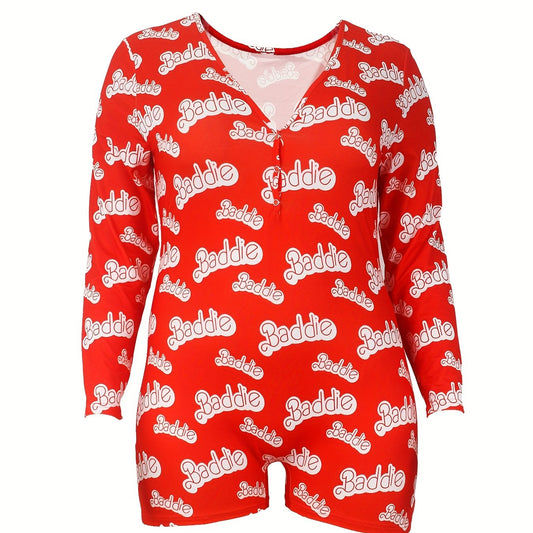 Sexy Lounge Romper Women's Plus Letter Print Long Sleeve Button Up