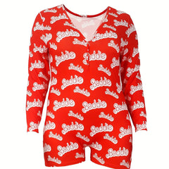 Sexy Lounge Romper Women's Plus Letter Print Long Sleeve Button Up