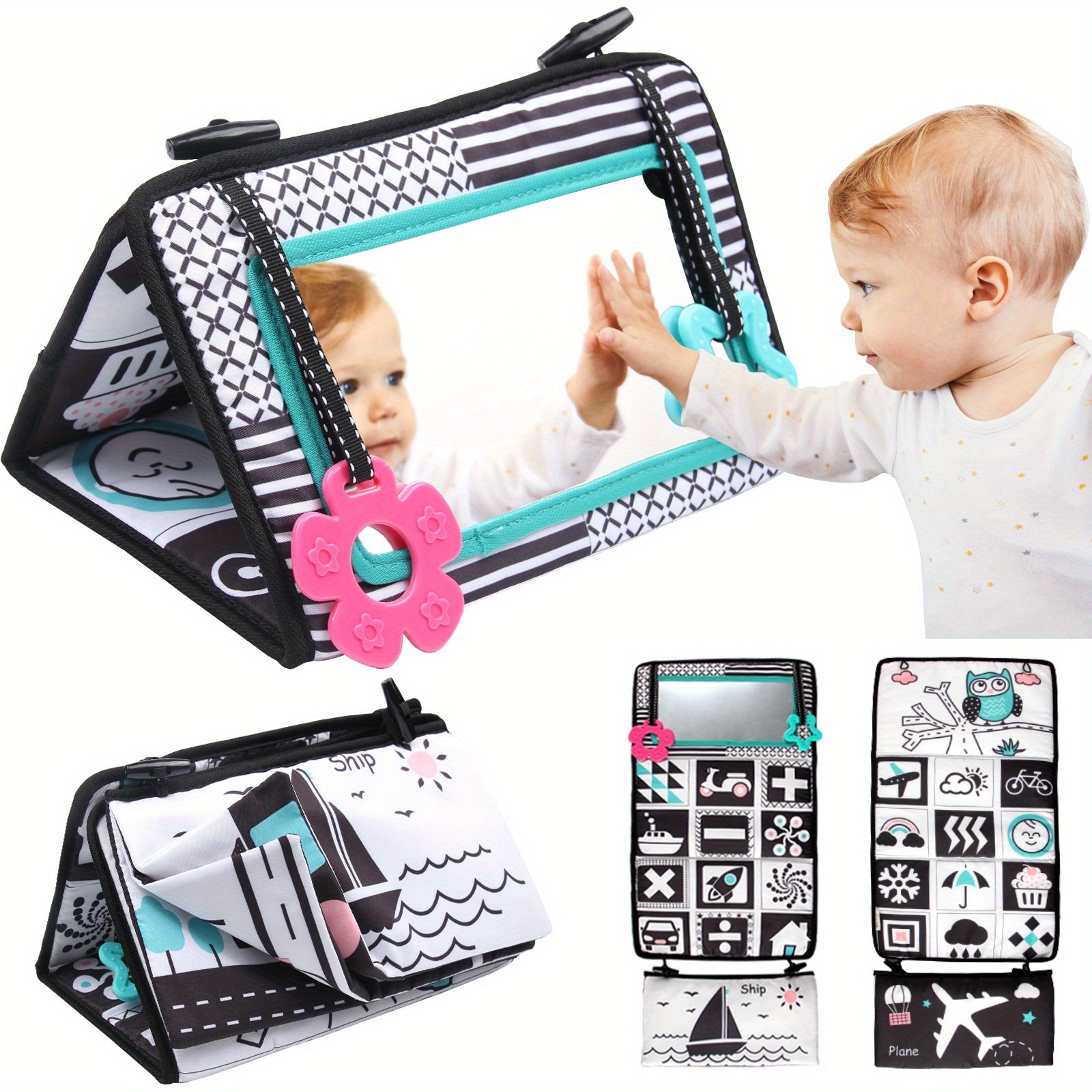 Baby Tummy Time Mirror & Toys, High Contrast & Crinkle Books