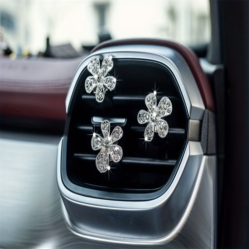3pcs Car Air Outlet Crystal Flower Inlaid Diamonds