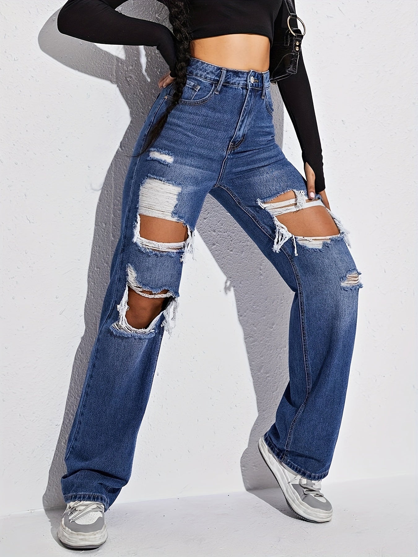High Waist Ripped Straight Jeans Distressed Loose Fit Baggy Denim Pants