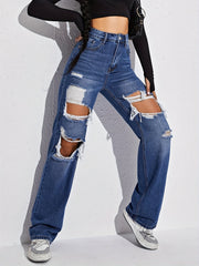 High Waist Ripped Straight Jeans Distressed Loose Fit Baggy Denim Pants