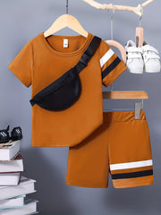 3pcs Boys Casual Stripe Short Sleeve T shirt&Shorts&Crossbody Bag Set