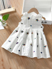 Girls Sleeveless Dress with Flower Embroidery Print