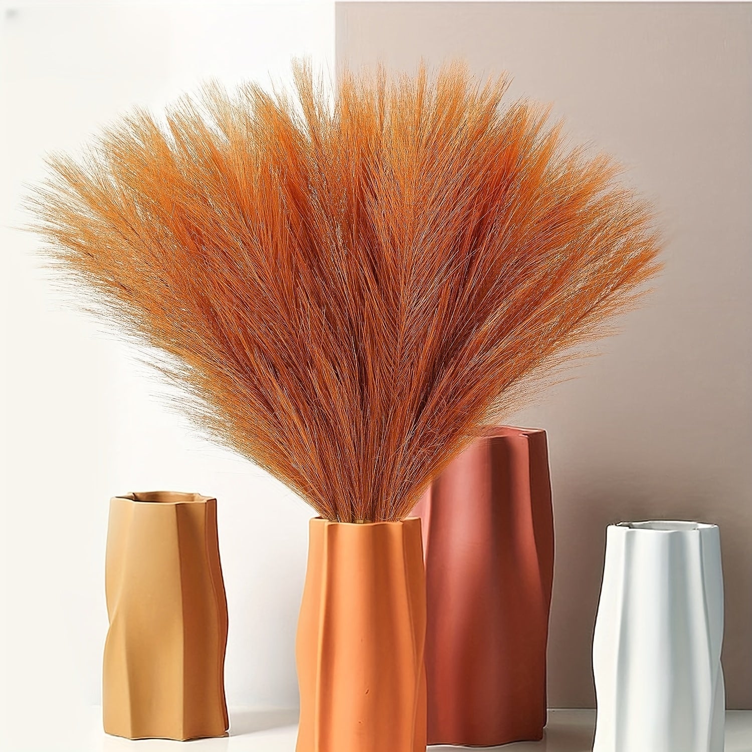 6pcs Orange Pampas Grass Decor Faux Burnt Orange Fall Boho Wedding