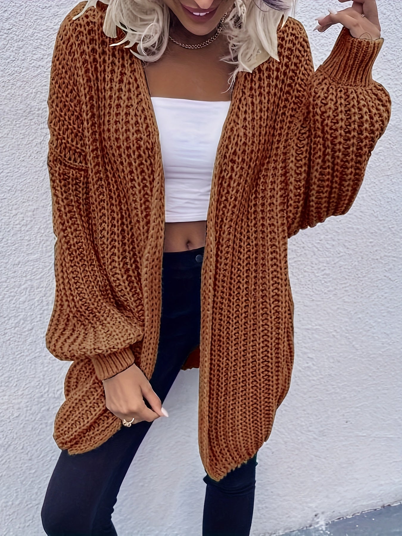 Solid Lantern Sleeve Chunky Knitted Cardigan