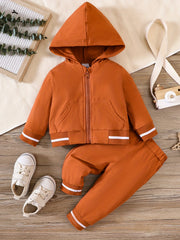 Baby Boy's Stylish Hooded Zip Up Coat & Pants Set