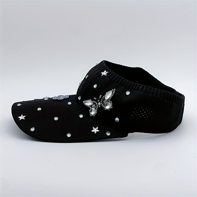 Rhinestone Butterfly Star Visor Hat Knitted Elastic Sun Hat for Women
