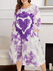 Tie Dye & Heart Print Long Sleeve Nightdress With Pockets