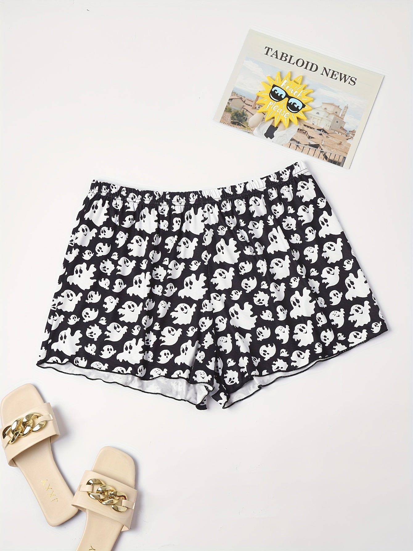 Cartoon Ghost Print Elastic Waist Pajama Shorts