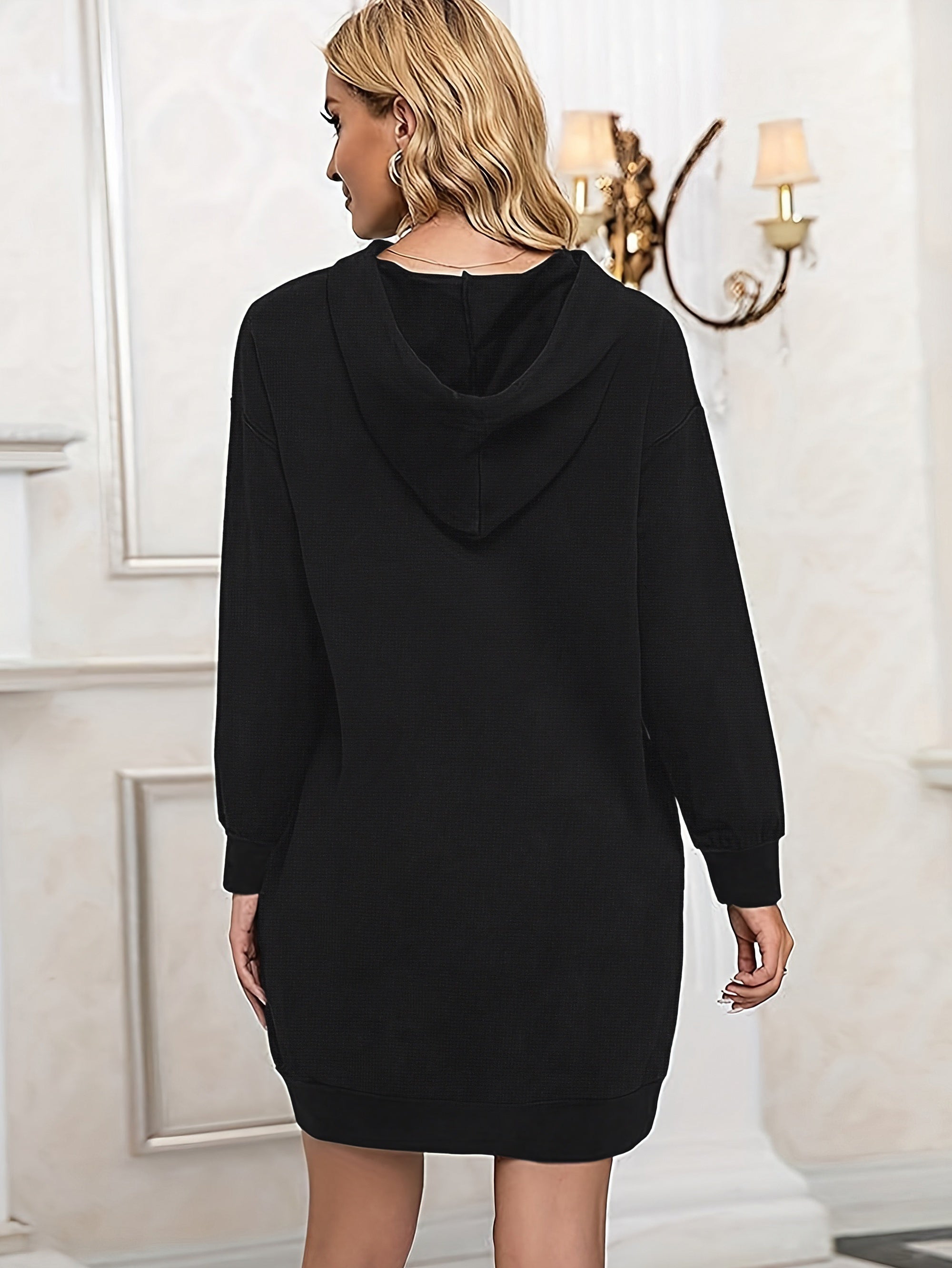 Solid Mid Length Pocket Hoodie Casual Long Sleeve Drawstring Hoodies