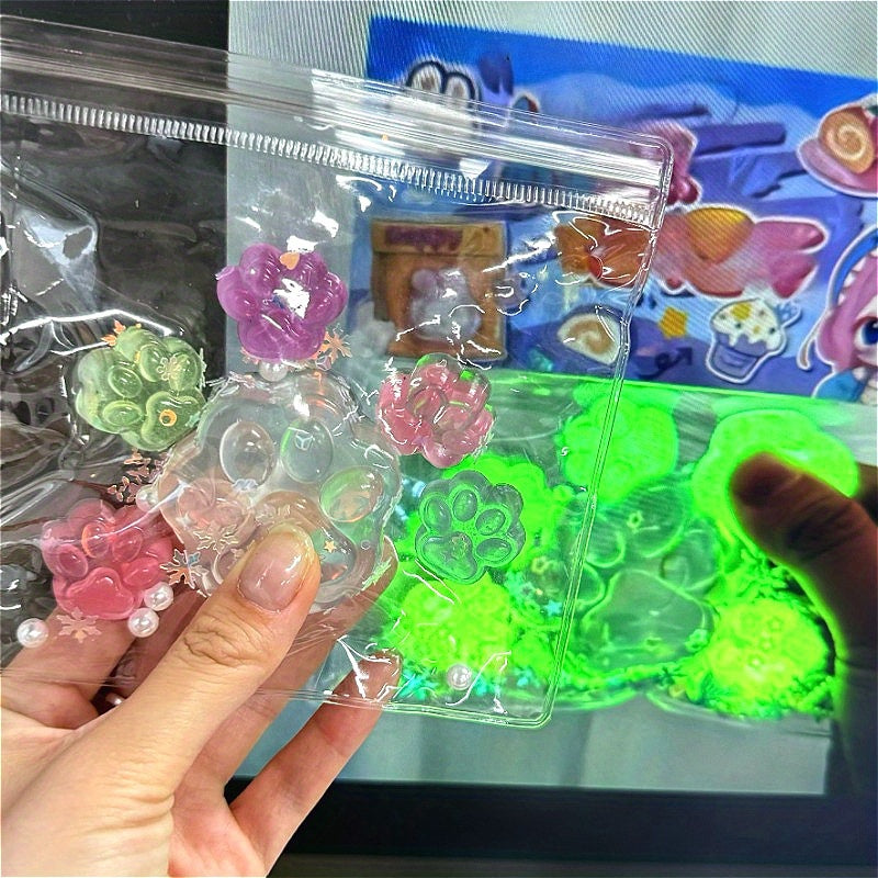 6pcs Glow in The Dark Squishy Cat Paw Fidget Toys with Glitter TPR Material