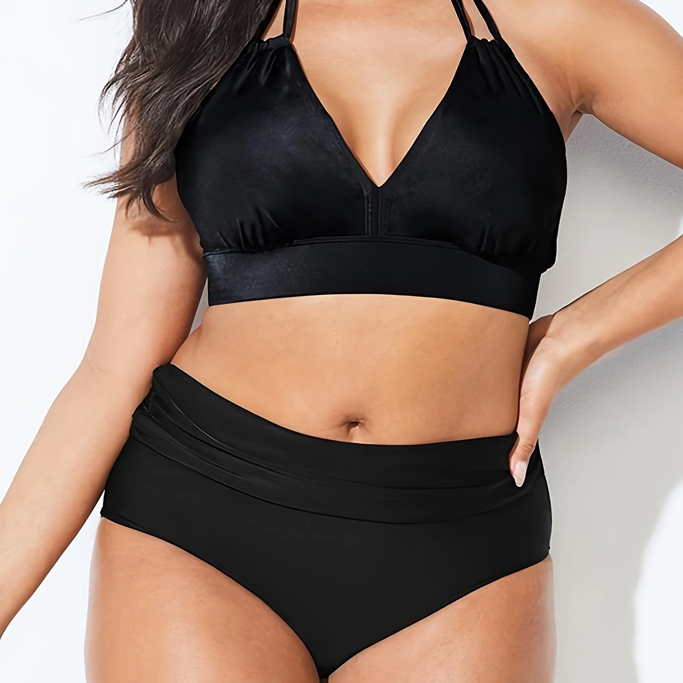 Solid V Neck Halter Bra & Panty Swimsuit Set