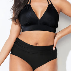 Solid V Neck Halter Bra & Panty Swimsuit Set