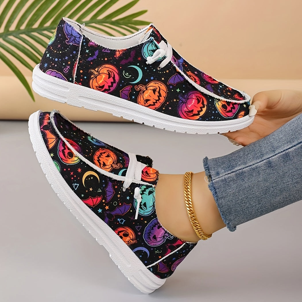 Women's Pumpkin Print Canvas Shoes Casual Lace Up Low Top Loafers Lightweight