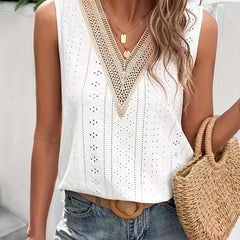 Eyelet Lace V Neck Tank Top Sleeveless Summer Casual Women's Clothing