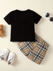 2pcs Baby Boys Bear Graphic T shirt & Plaid Shorts Set