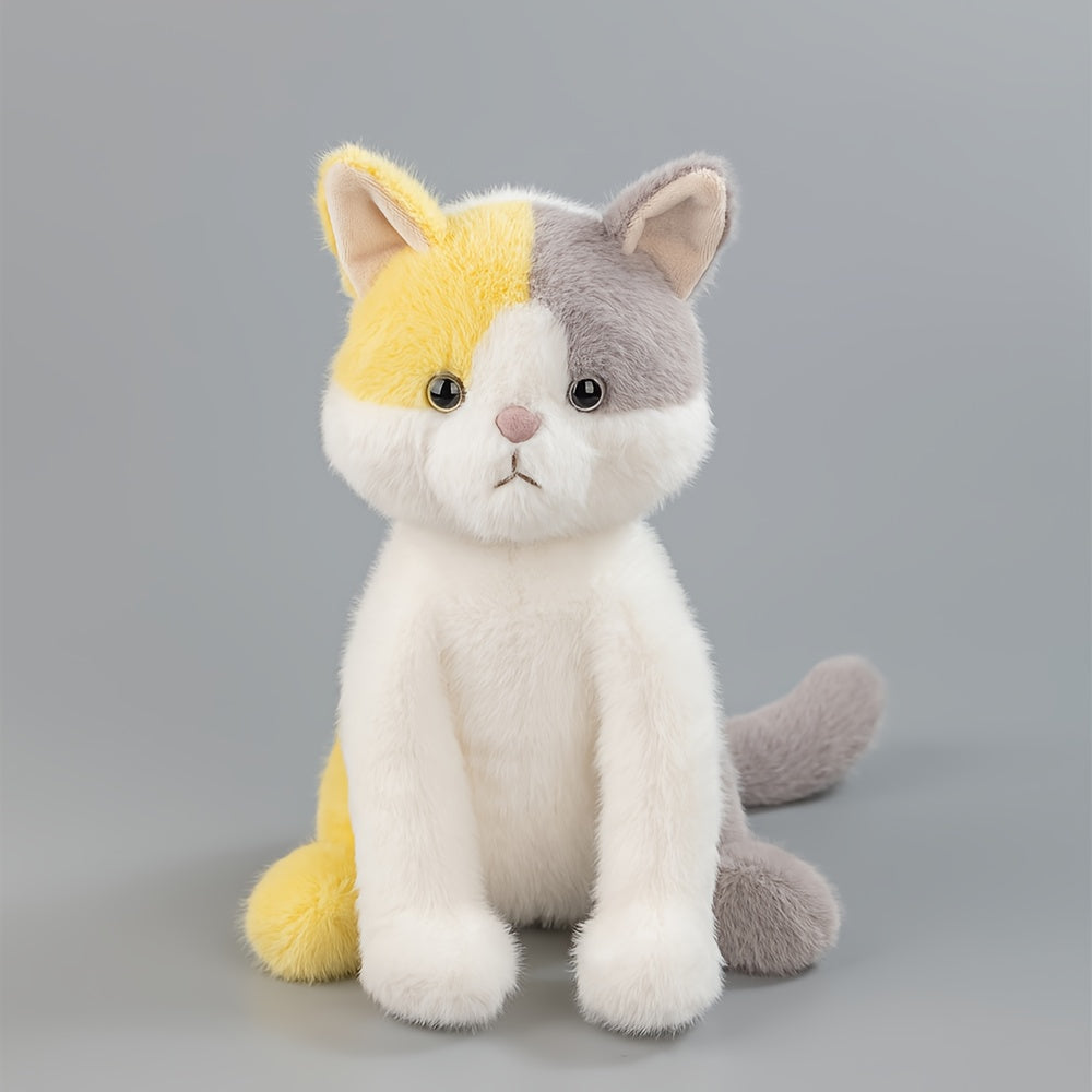 Fluffy Grey and Yellow Plush Cat Toy with Expressive Eyes