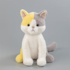Fluffy Grey and Yellow Plush Cat Toy with Expressive Eyes