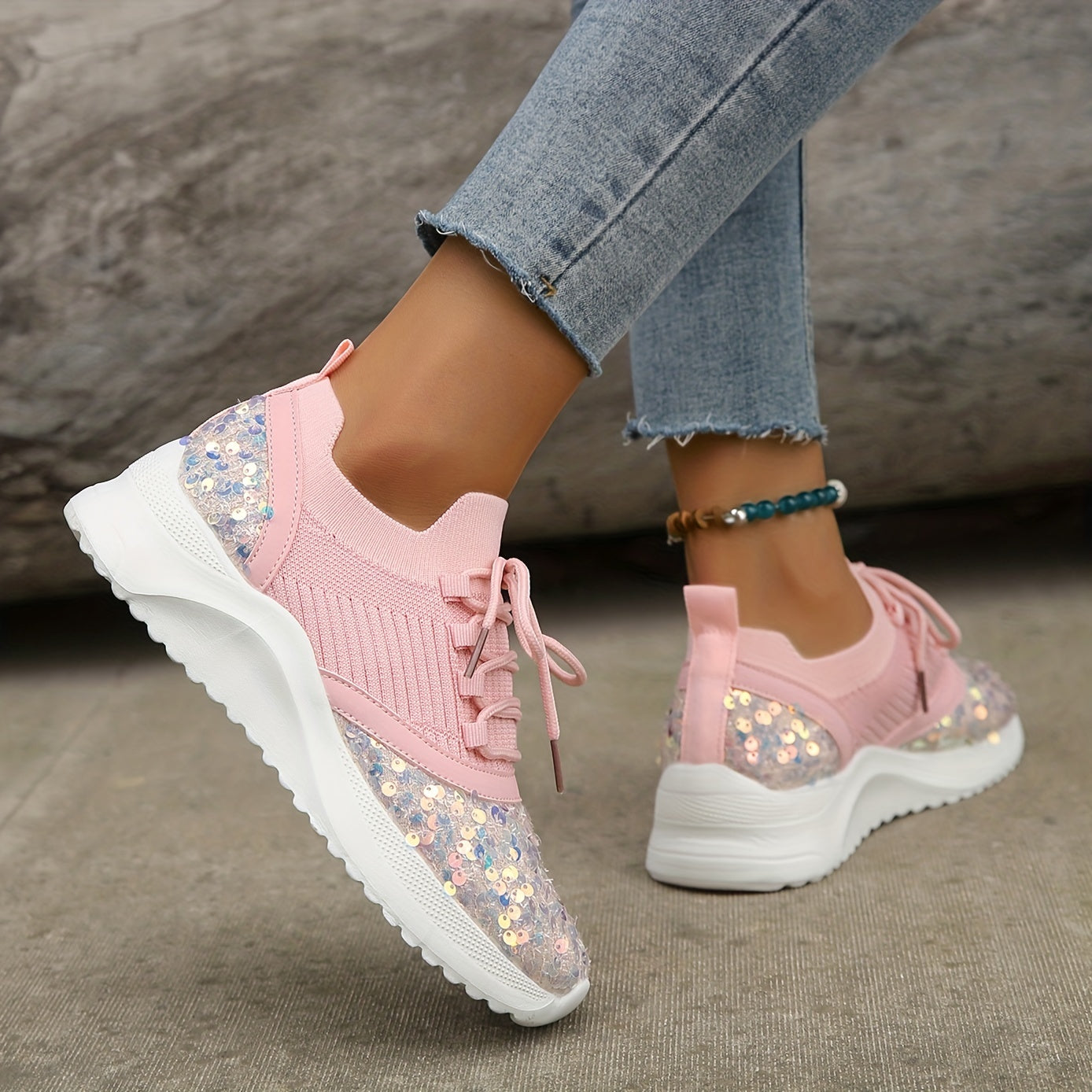 Women's Glitter Sequins Sneakers Pink Lace Up Comfortable Walking Shoes