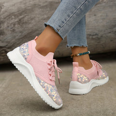 Women's Glitter Sequins Sneakers Pink Lace Up Comfortable Walking Shoes