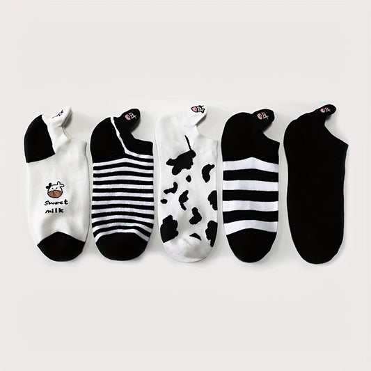 10 Pairs Cartoon Cow Print Socks & Ankle Socks Women's Stockings