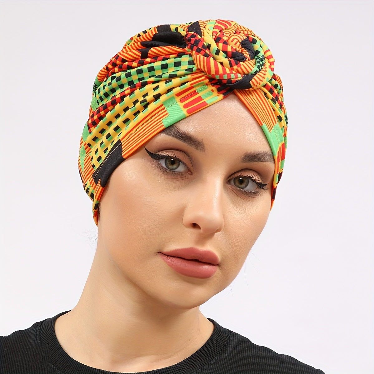 Geometric Plaid Print Turban Colorful Head Scarf Women Casual Ramadan Head Wrap