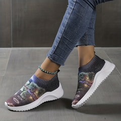 Rhinestone Sock Sneakers Art Printed Slip On Shoes Casual Walking Shoes