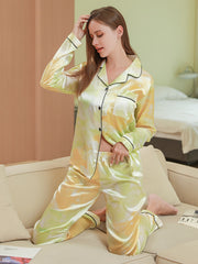 Colorblock Satin Pajama Set Long Sleeve Top & Pants Women's Sleepwear