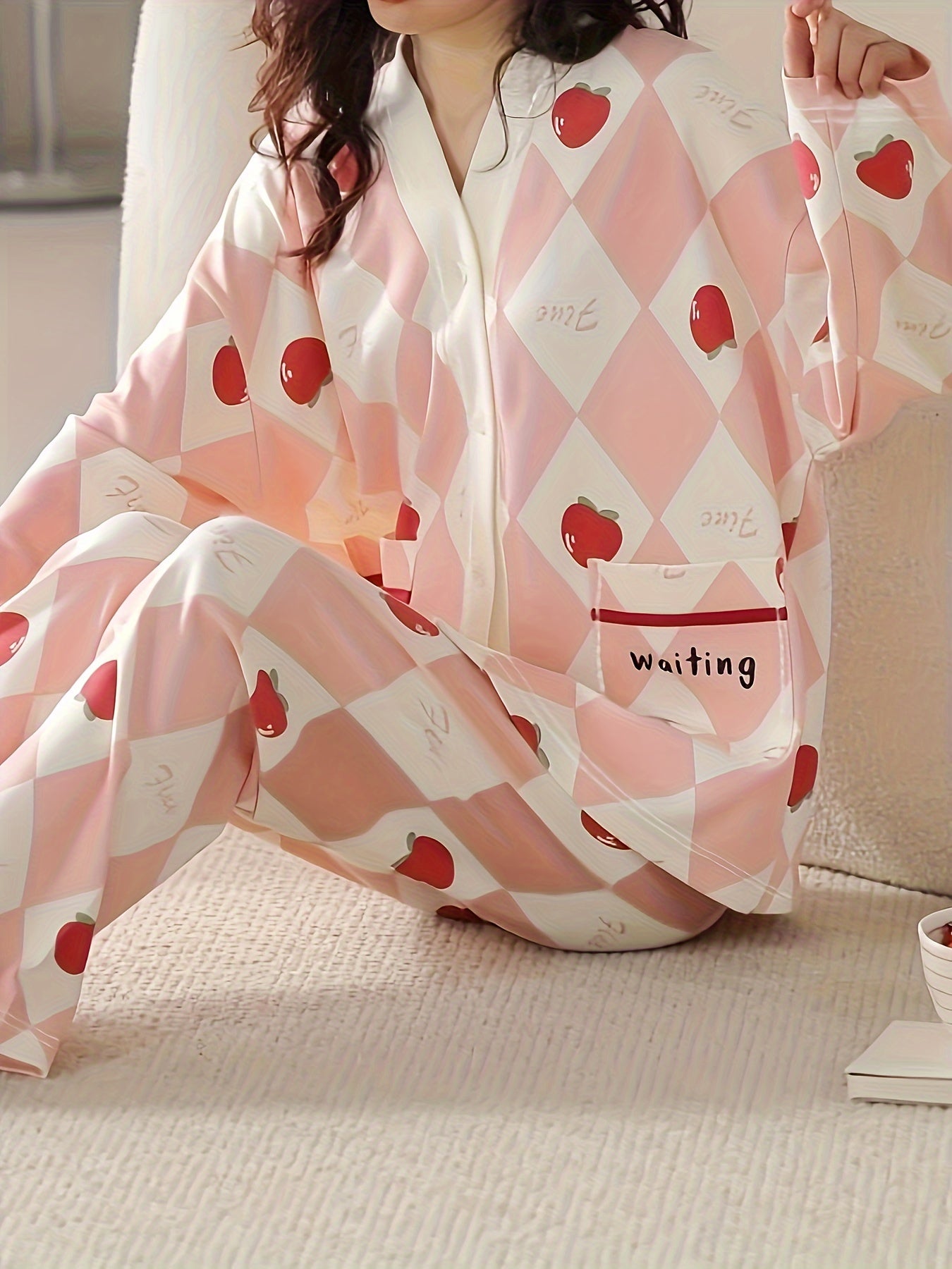 Fruit Print Pajama Set Long Sleeve V Neck Buttons Top & Argyle Pants