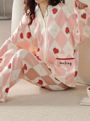 Fruit Print Pajama Set Long Sleeve V Neck Buttons Top & Argyle Pants