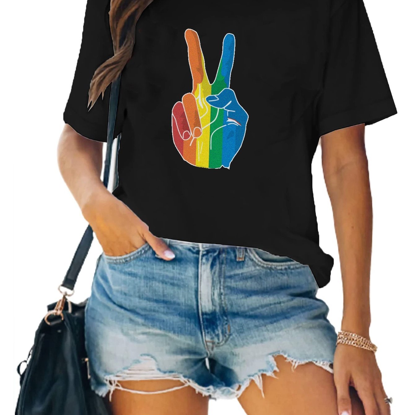 Rainbow V Sign Print T-shirt Short Sleeve Crew Neck Graphic Tee