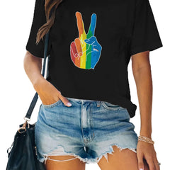 Rainbow V Sign Print T-shirt Short Sleeve Crew Neck Graphic Tee