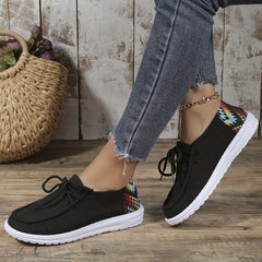 Women's Geometric Printed Flat Loafers Lace Up Round Toe Walking Sneakers