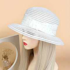 Rhinestone Satin Strap Bucket Hat Wide Brim Solid Sun Hat
