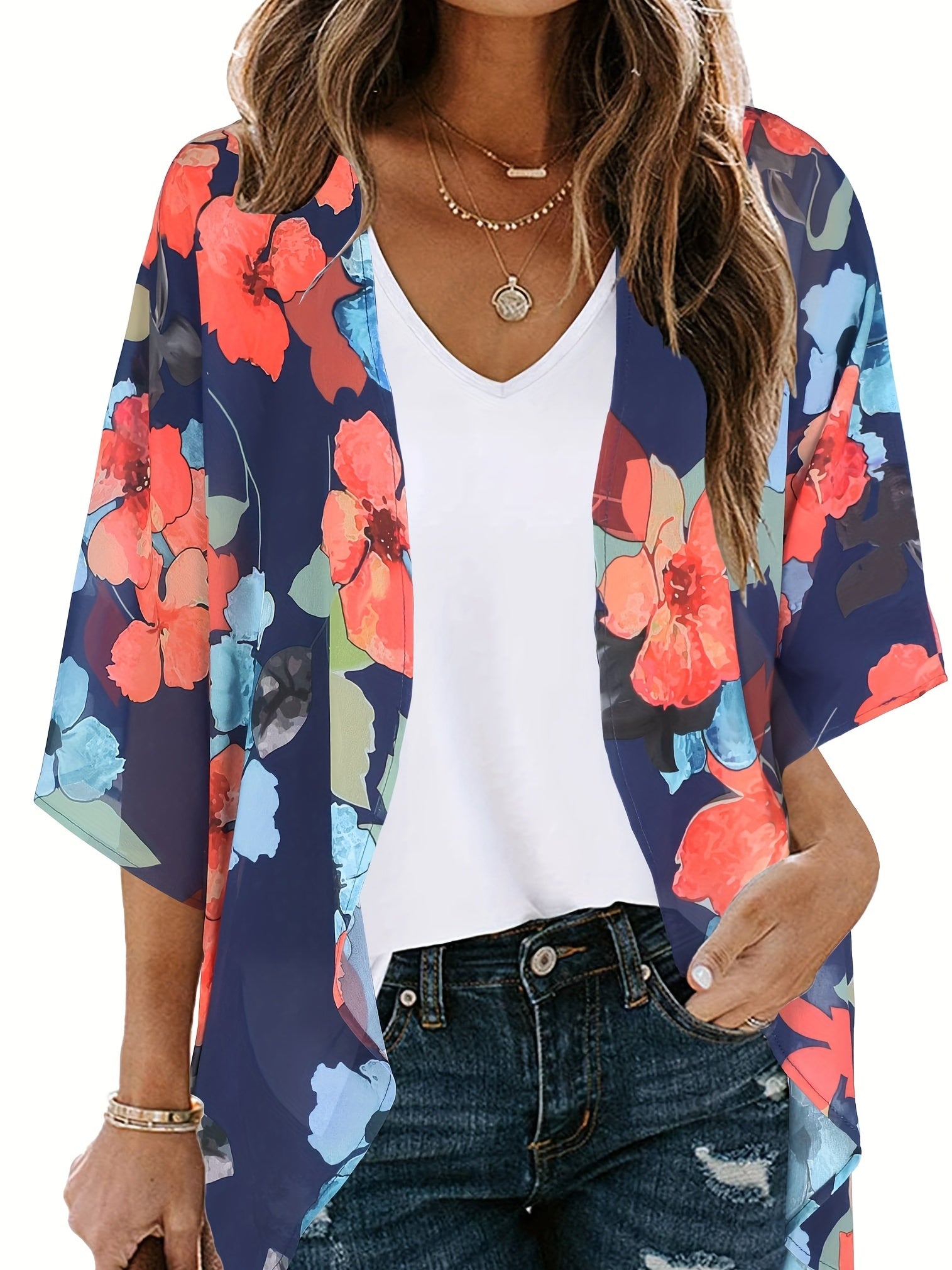Print Cover Up Shirt Loose Fit V Neck Long Sleeves Casual Blouse