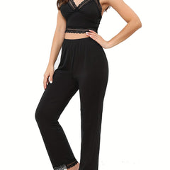 Lace Stitching Lounge Set V Neck Cami Top & Pants Women's Loungewear