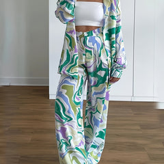Women's Plus Marble Print Long Sleeve Button Up Shirt & Wide Leg Pants Set