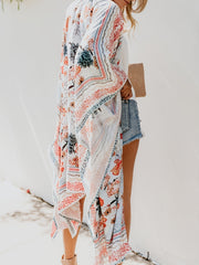 Floral Print V Neck Robes Loose Fit Non Stretch Kimono