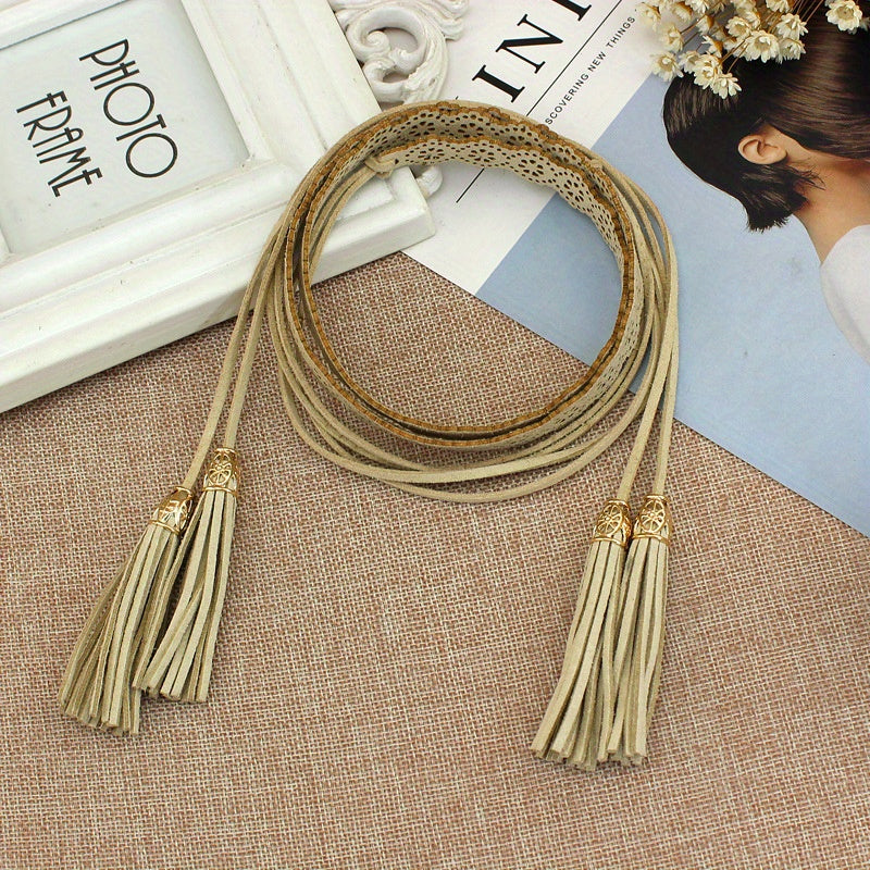 Boho Tassel Sash Belt Flower Hollow Knotted Belt Solid Waistband