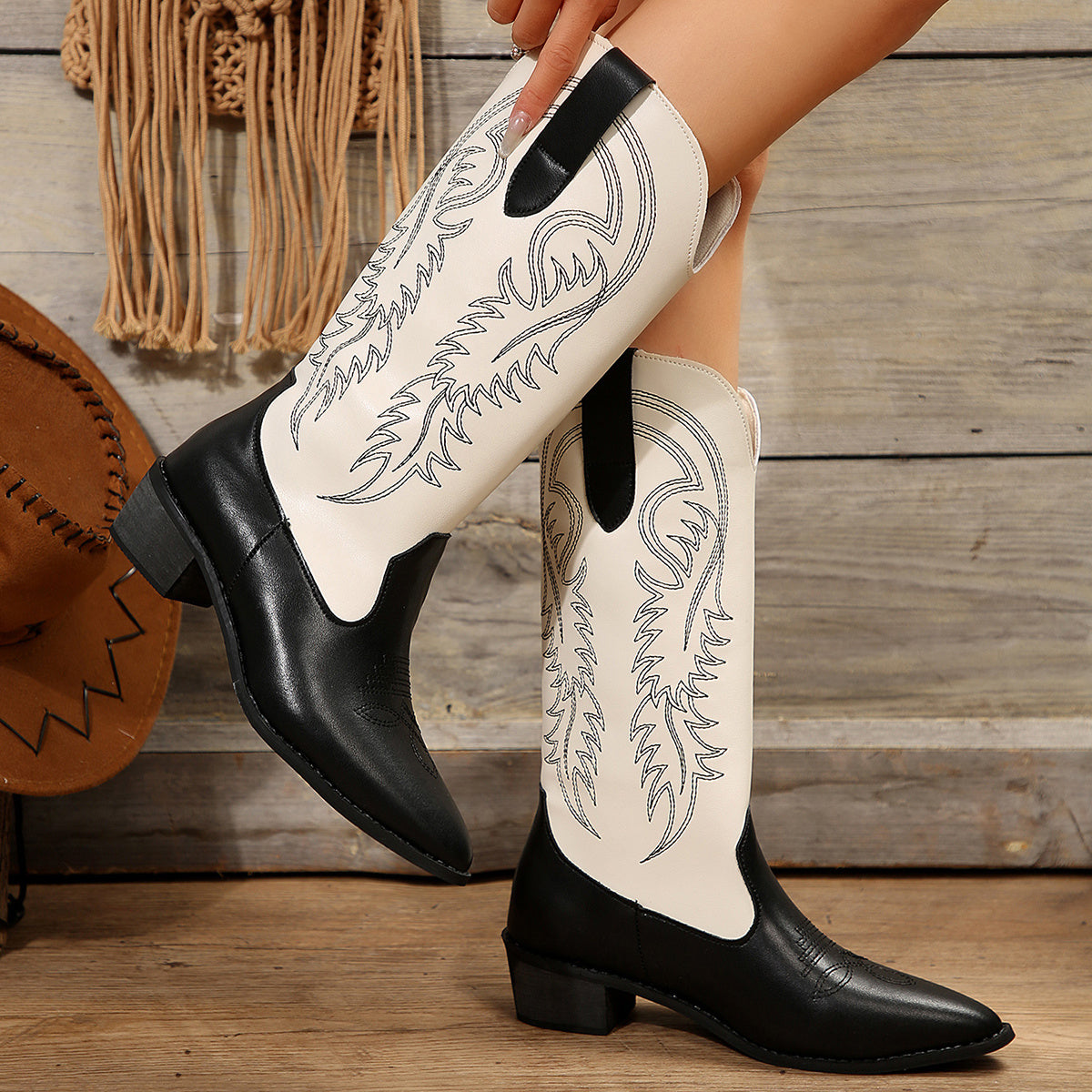 Women's Colorblock Western Boots Slip On Point Toe Chunky Heel Mid Calf