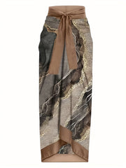 Brown Marble Print Swimsuit Set with Cover Up Skirt