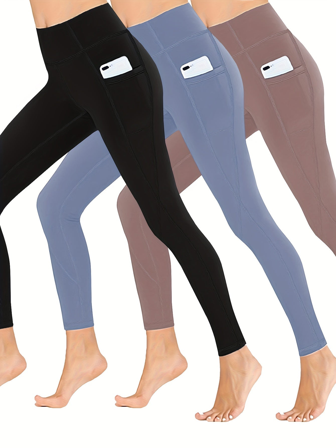 3 Pack Plus Size Sports Leggings Women's Plus Solid Pipping High Rise