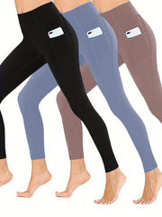 3 Pack Plus Size Sports Leggings Women's Plus Solid Pipping High Rise