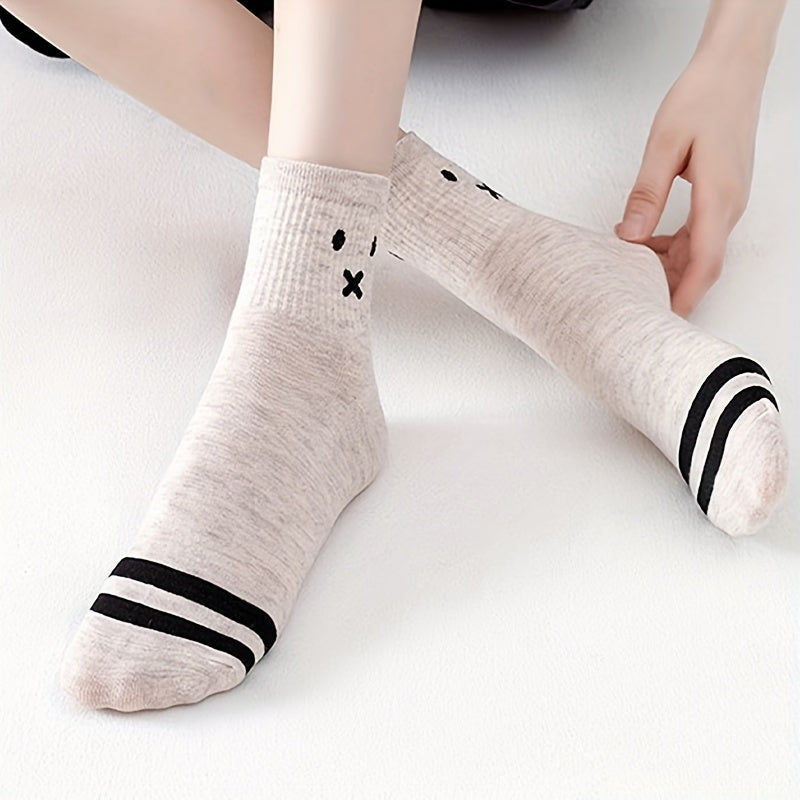 4 Pairs Cartoon Print Mid Tube Socks Soft & Comfy Ribbed Socks Women's Stockings