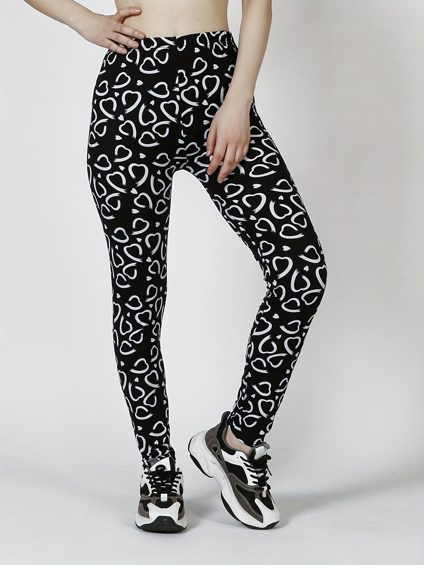 Heart Print Skinny Leggings Every Stretchy Leggings Women's Clothing